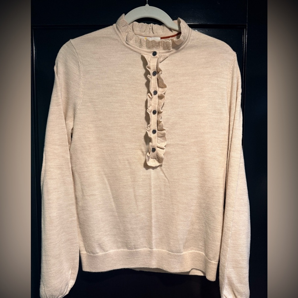 Boden Cream Ruffle-Trim Button front Merino wool sweater - Picture 2 of 3